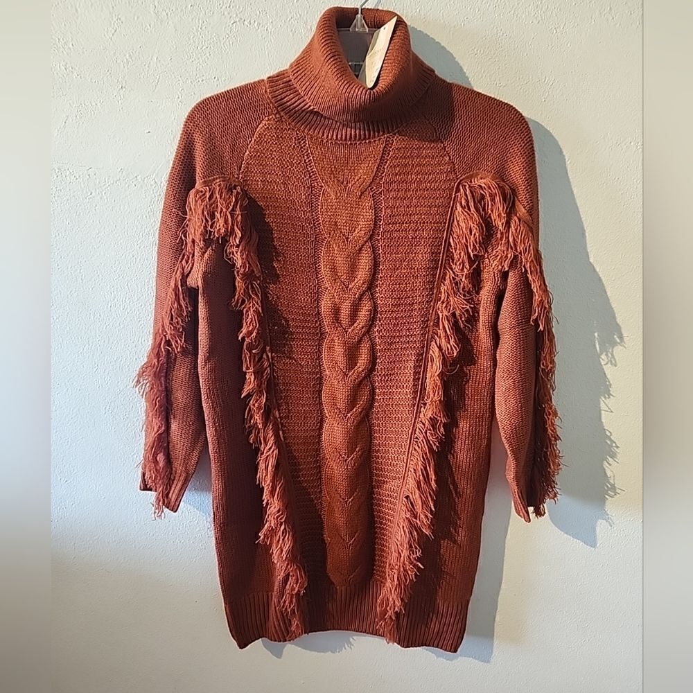 BTFBM Womens Burnt Orange Fall Sweater Size Medium with Fringe NWT